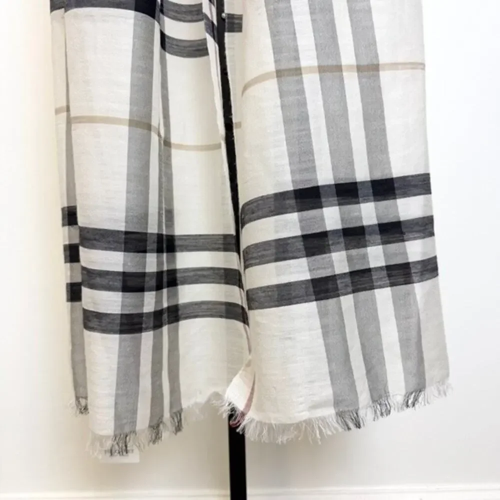 Burberry Lightweight Wool Silk Blend Scarf Large Check Print Frayed Edges